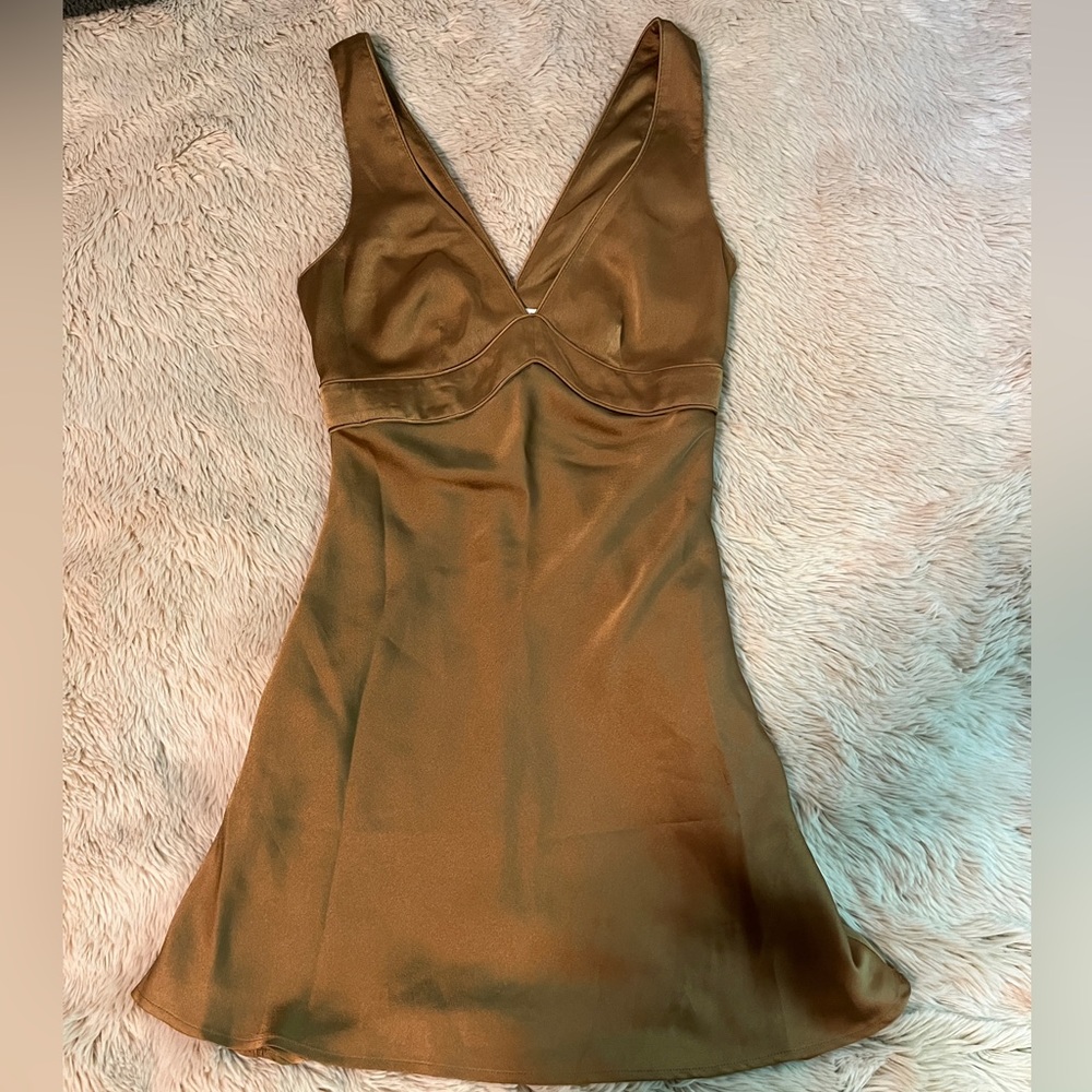 Abercrombie & Fitch Tan/Light Brown Satin Deep-V Cut Mini Dress